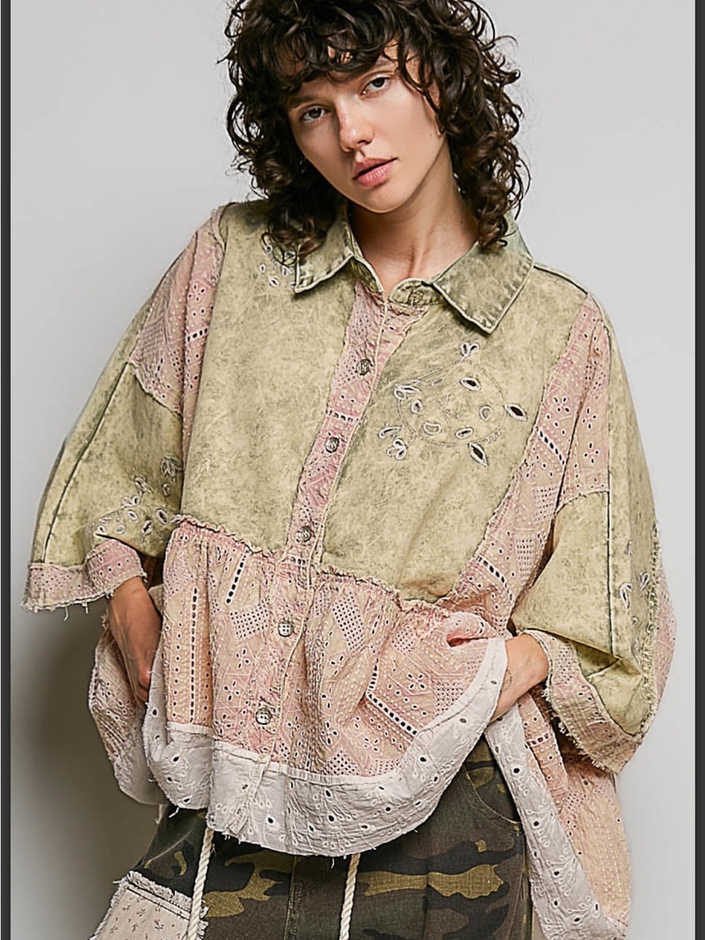 POL Patchwork Eyelet Peplum Blouse/Jacket